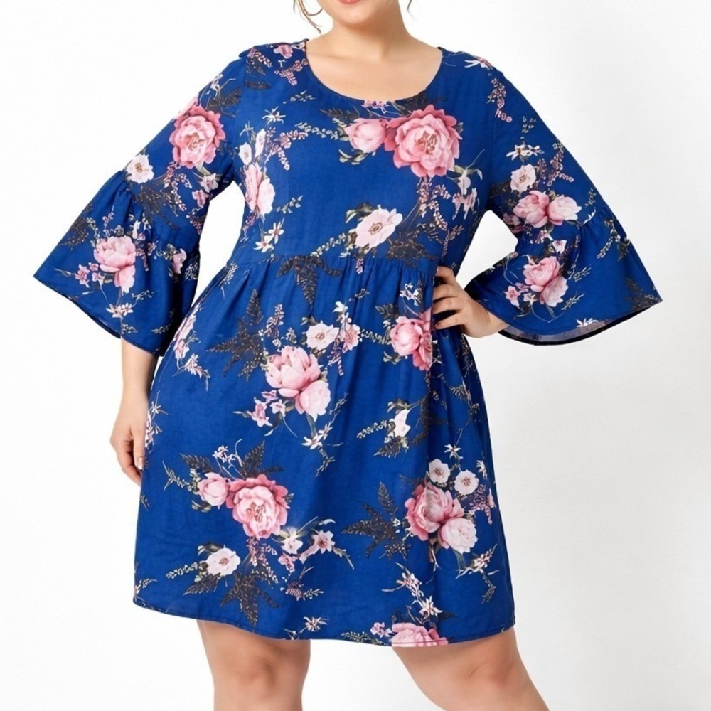 Moa Moa Dress Womens 3X Blue Floral Bell Sleeve Babydoll Boho Cottagecore Spring - Picture 1 of 9